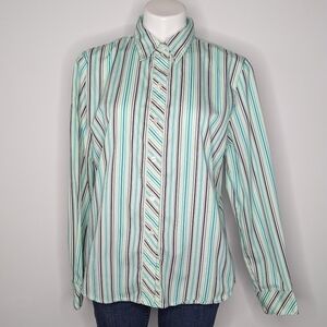 Foxcroft White Black Blue Green Striped Long Sleeve Cotton Blend Button Up 14